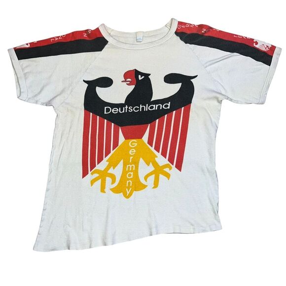 Vintage Deutchland Germany Graphic T-Shirt Short Sleeve White Striped Sleeves - Picture 1 of 9